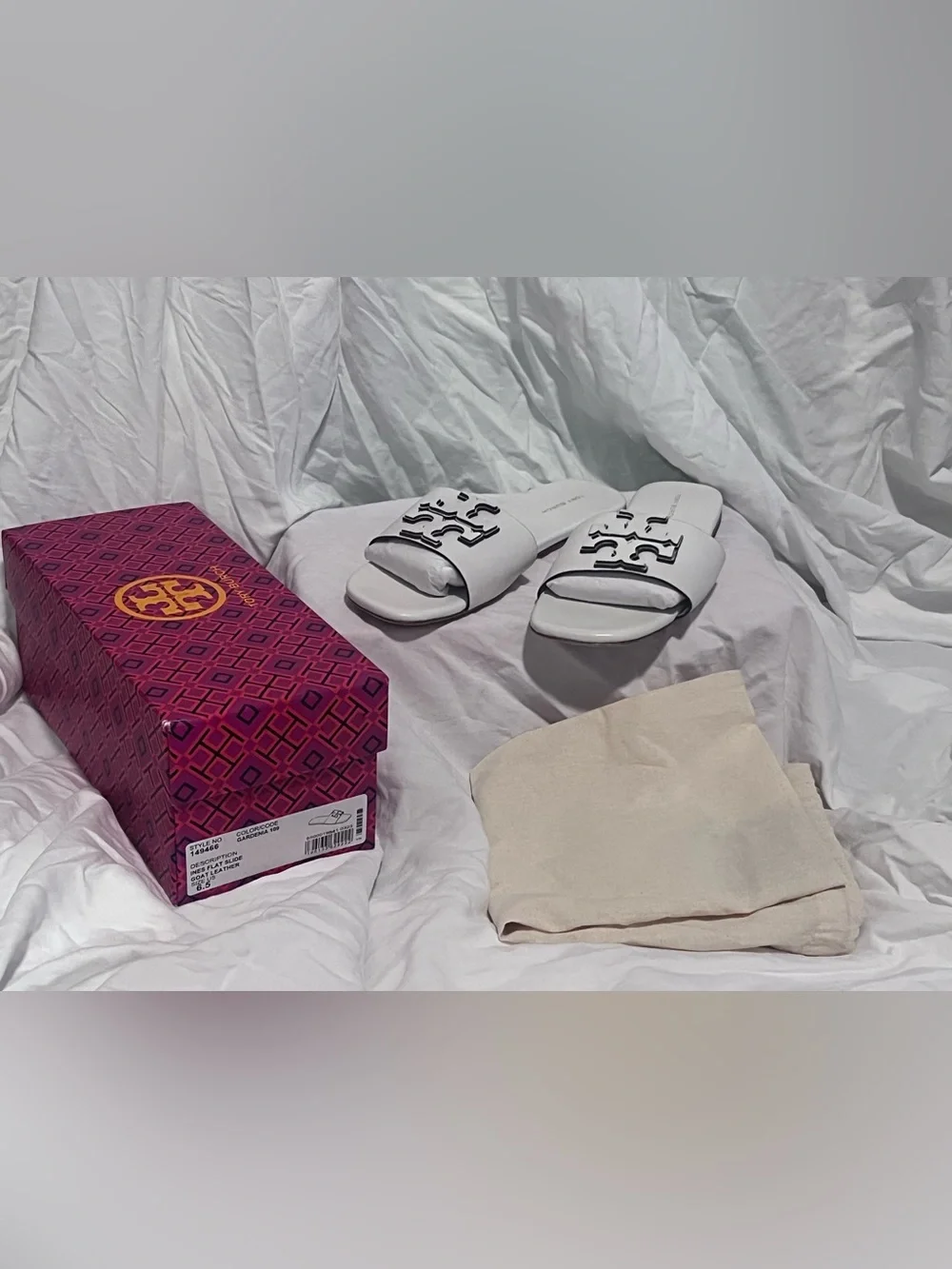 Tory Burch White Leather Logo Slide Sandals